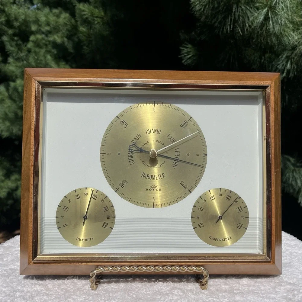 Vintage Royce Weather Station Wall Barometer Thermometer Hygrometer MCM Wood